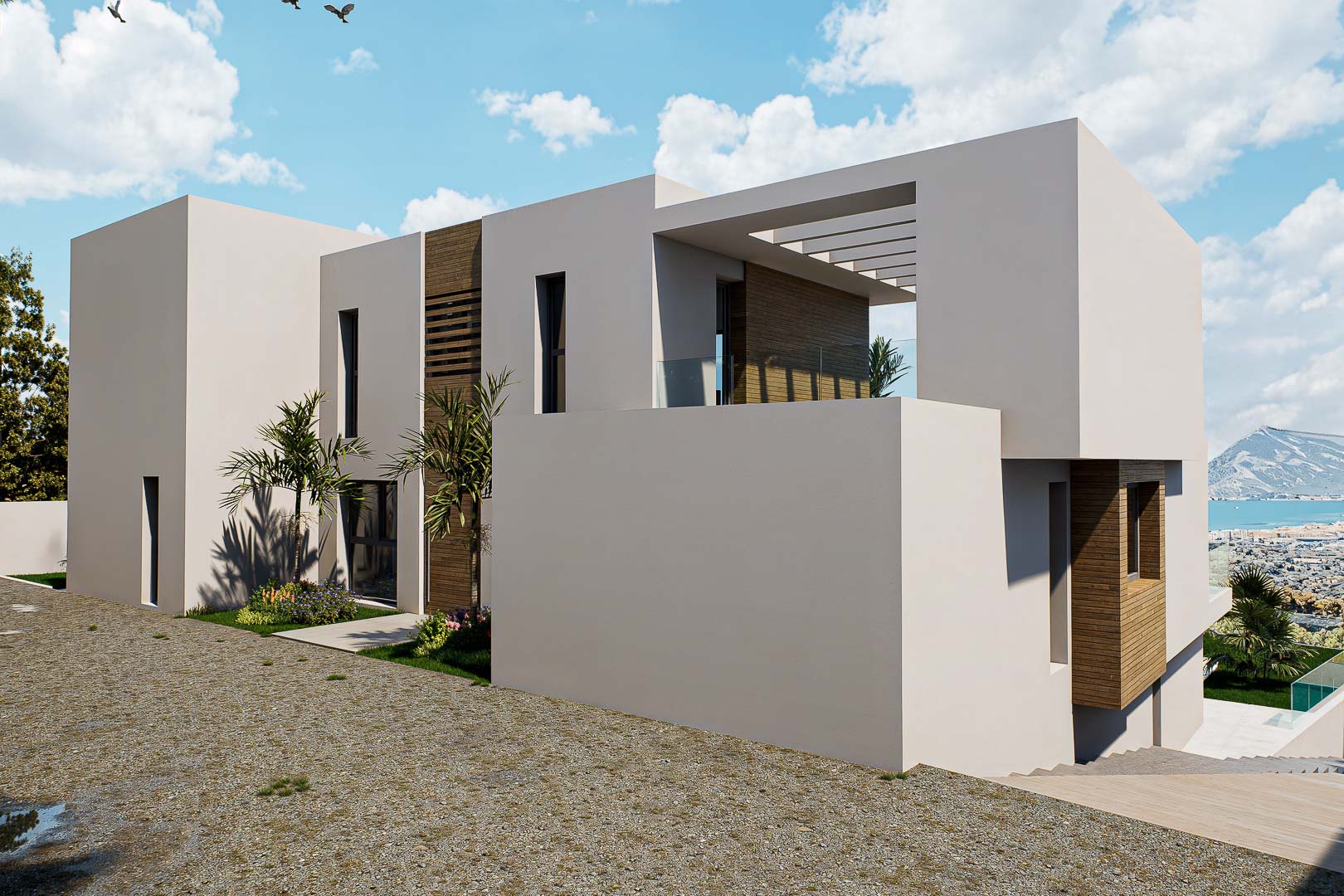 Moderne villa met strakke witte gevels, houten accenten en ruime terrassen met glazen balustrades die uitkijken over de Middellandse Zee.