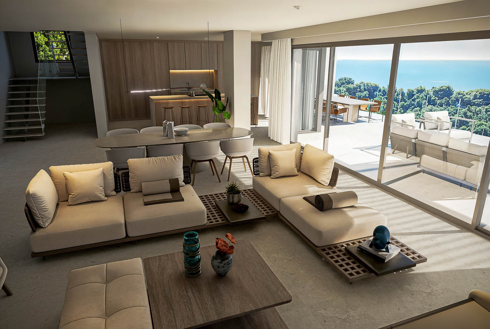 Open woonruimte met modulaire banken, eethoek en een houten designkeuken. Grote glazen schuifdeuren bieden toegang tot het terras met panoramisch uitzicht op zee.