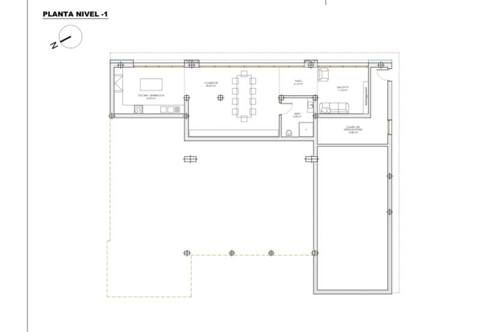Plattegrond van Niveau -1 met de indeling van de keuken-barbecue, eetkamer, tv-kamer, toilet en technische ruimte grenzend aan het grote terras.