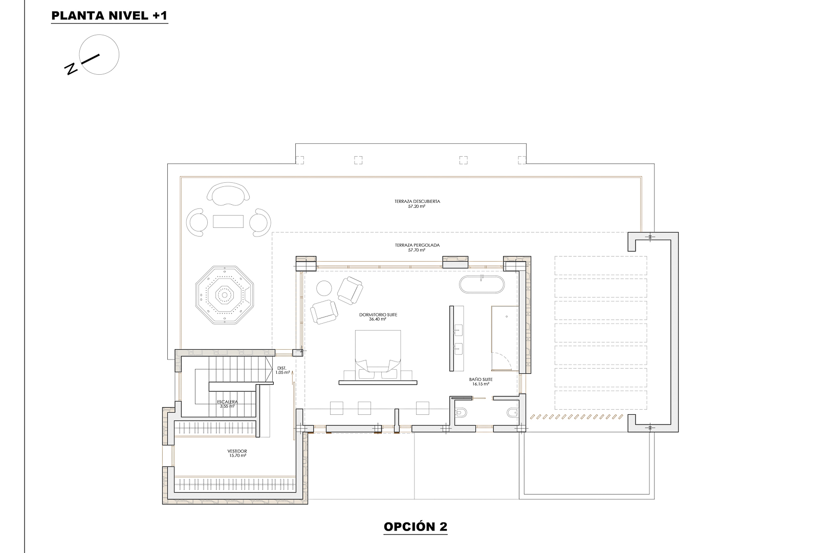 Technisch vloerplan van niveau +1, optie 2, met een master suite van 36 m², inloopkast, badkamer en ruim 110 m² aan diverse overdekte en open terrasruimtes.