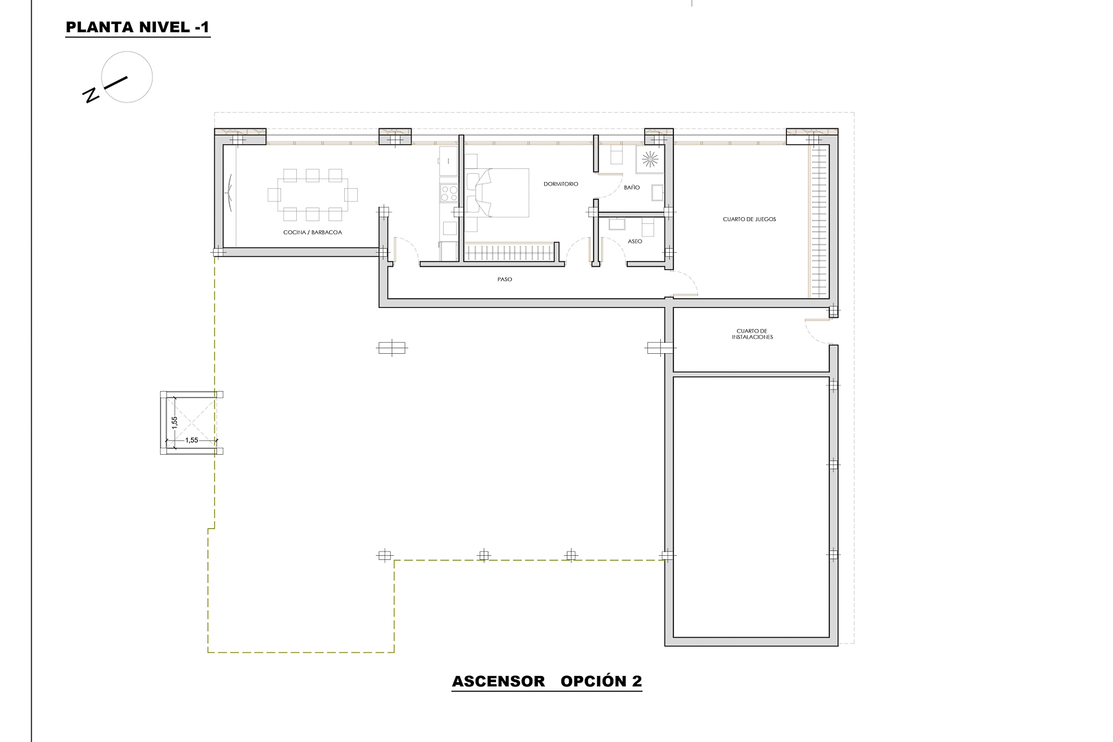 Technische plattegrond van niveau -1 met de indeling van de keuken-barbecue, slaapkamer met badkamer, speelkamer en technische ruimtes.