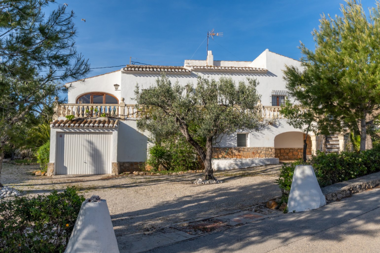 Mediterrane villa met witte gevels, een terras met balustrades en een garage. De buitenruimte beschikt over een centrale olijfboom en een oprit van grind.
