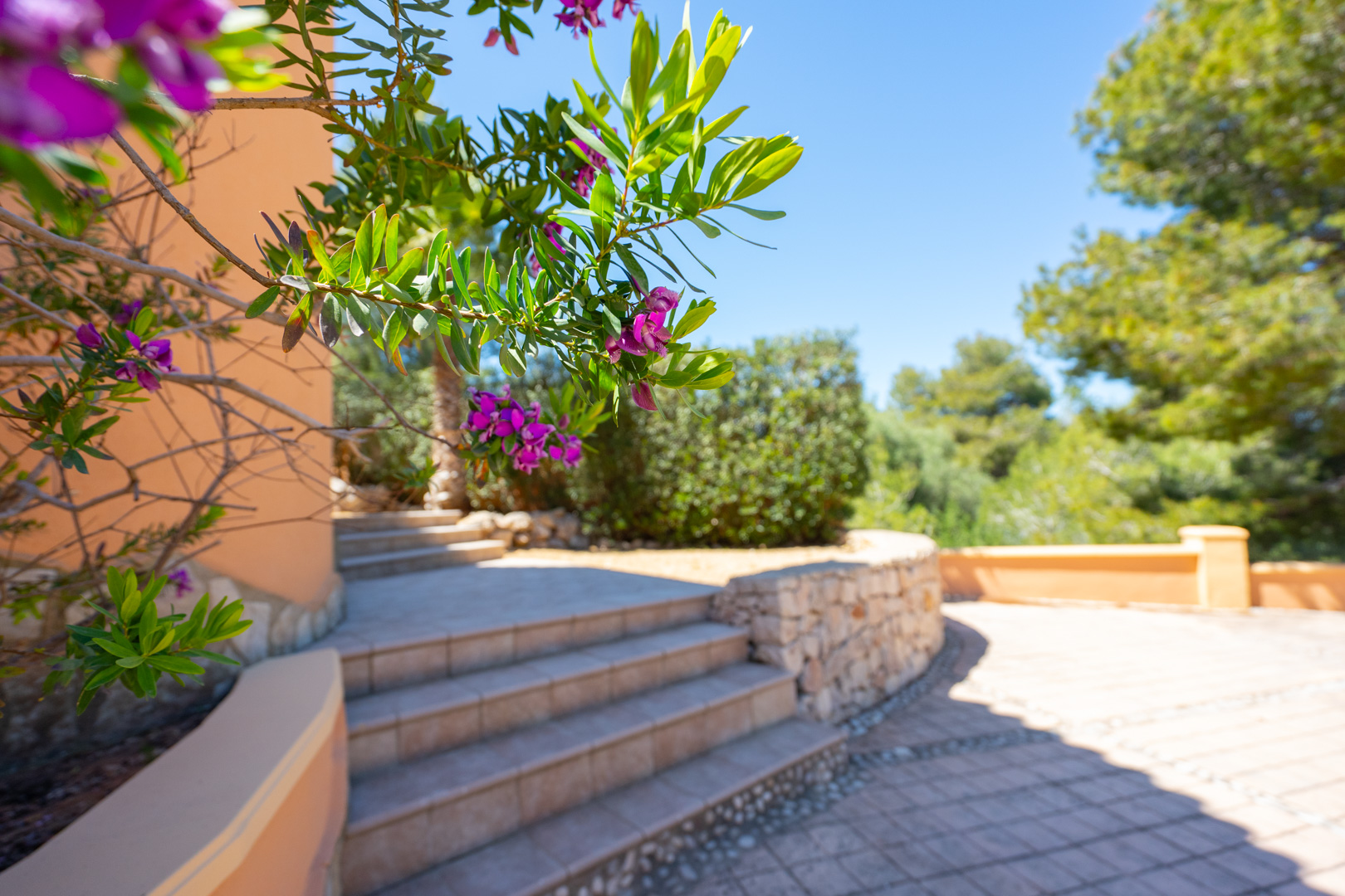 Buitentrap met tegels die de terrasvormige niveaus verbindt, omzoomd door een natuurstenen muur en mediterrane beplanting onder een strakblauwe hemel.
