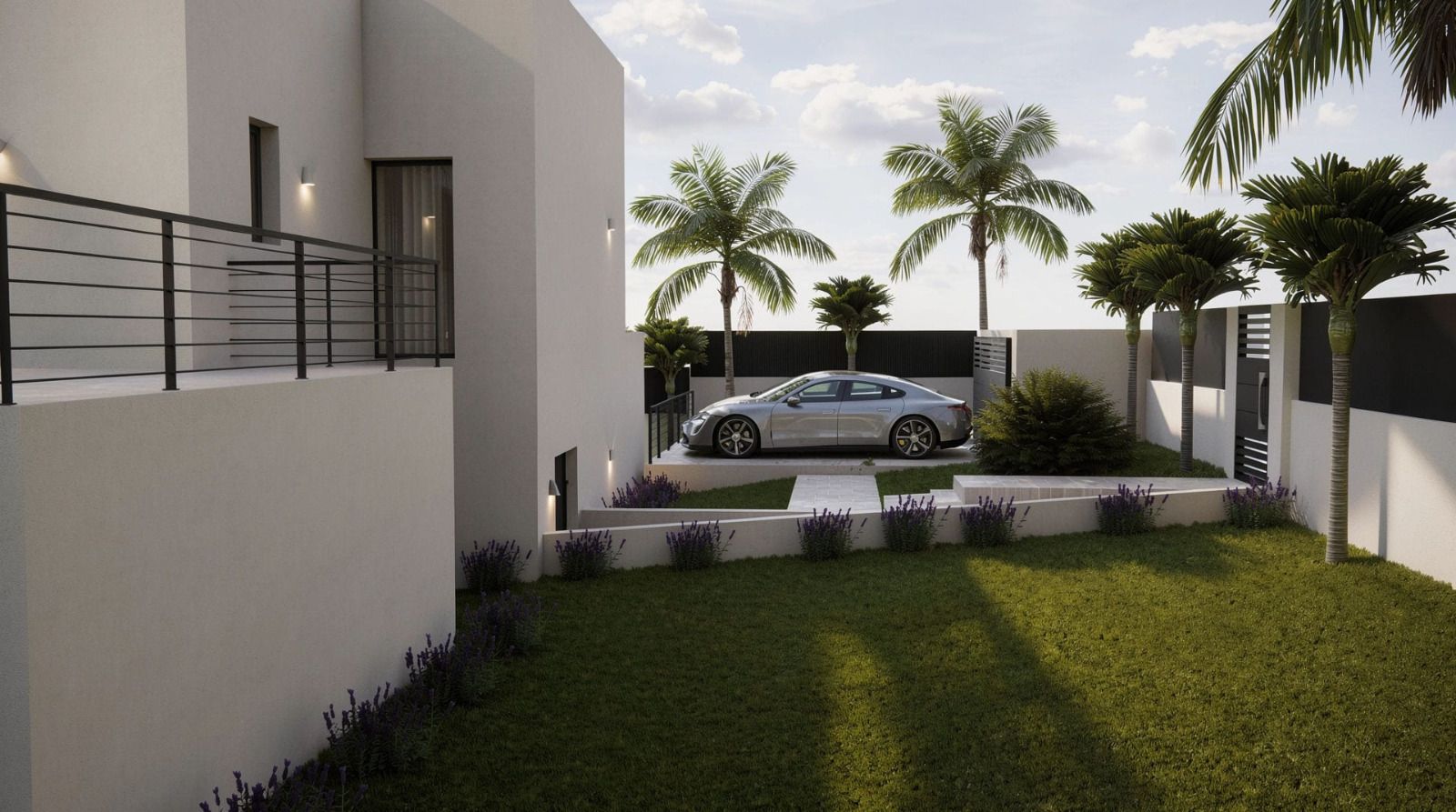 Buitenaanzicht van de moderne gevel met een gelaagde tuin, lavendel borders, palmbomen en een privé parkeerplaats met strakke wandverlichting.