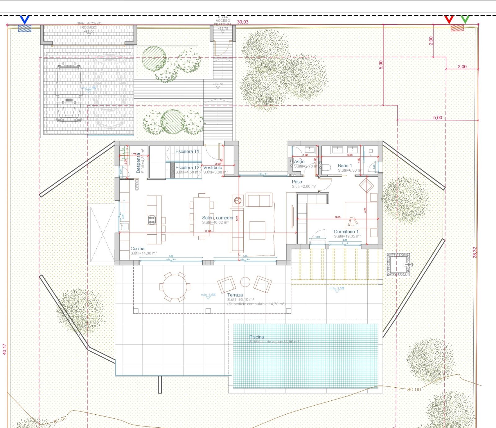 Gedetailleerde plattegrond van de hoofdverdieping met de woon-eetkamer, open keuken, slaapkamer met badkamer en het riante terras met zwembad en tuin.