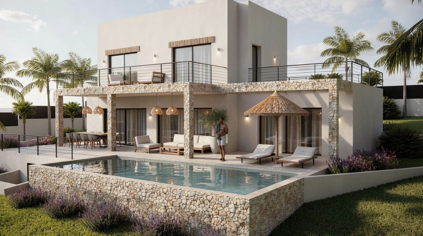 Moderne villa met een zwembad bekleed met natuursteen, een overdekte naya met stenen pilaren en ruime terrassen op de bovenverdieping te midden van palmbomen.