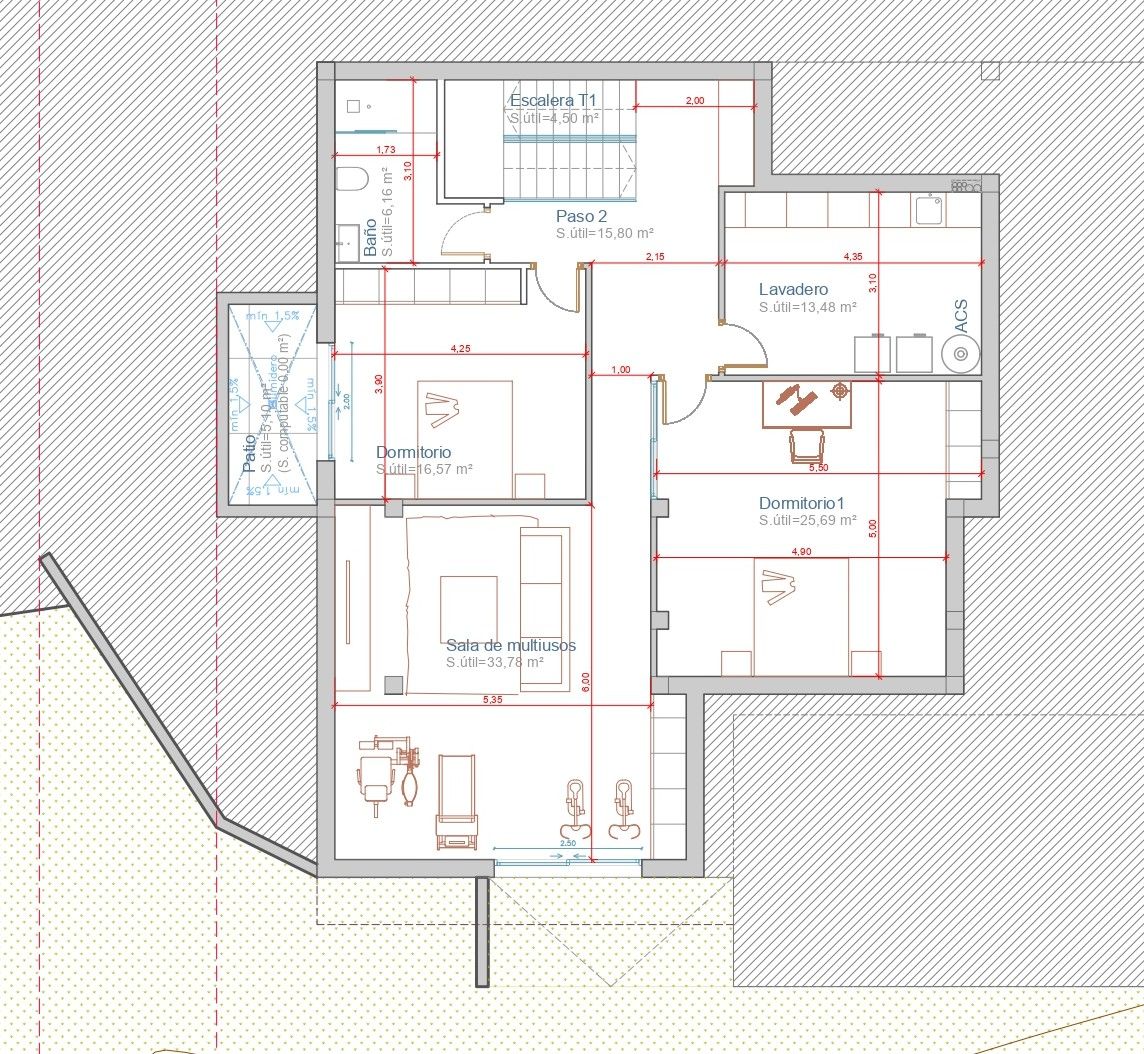 Technische plattegrond van het souterrain met twee slaapkamers, badkamer, wasruimte en een multifunctionele ruimte van 33,78 m².