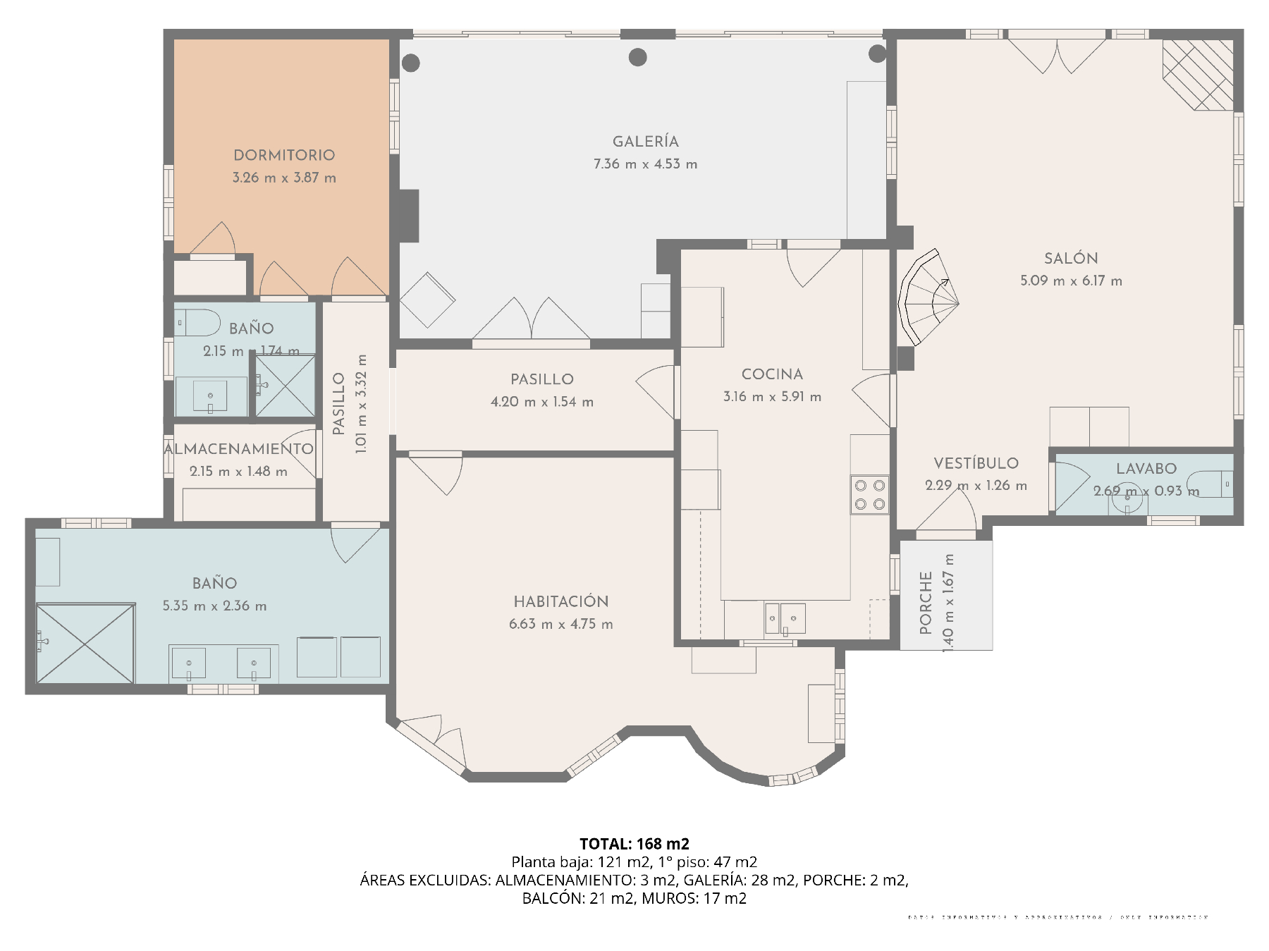 Gedetailleerde plattegrond van de begane grond en eerste verdieping van 168 m2, met de indeling van slaapkamers, keuken, galerij en de ruime woonkamer met open haard.