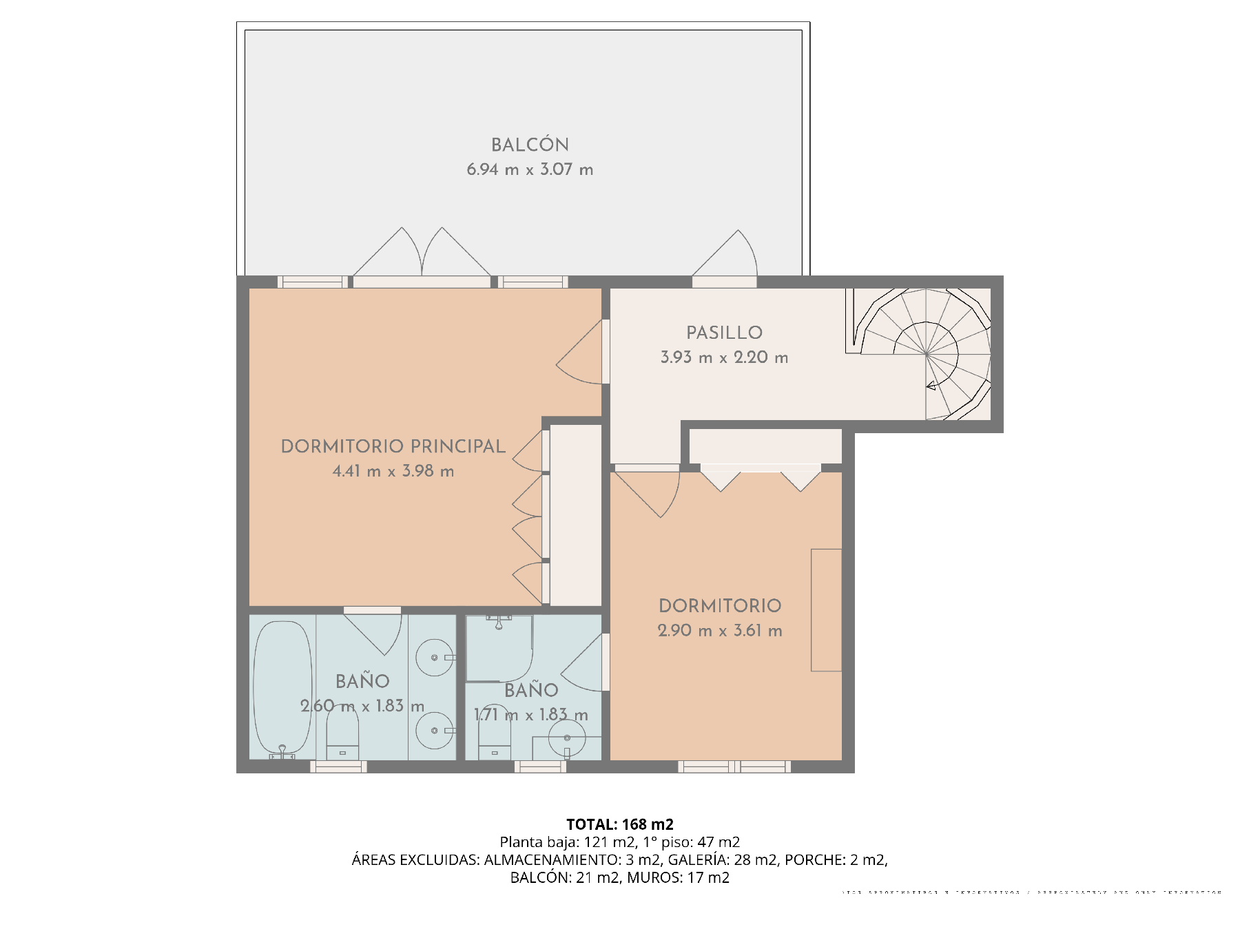 Gedetailleerde plattegrond van de bovenverdieping met de hoofdslaapkamer, een tweede slaapkamer met eigen badkamer en een ruim balkon van 21 m².