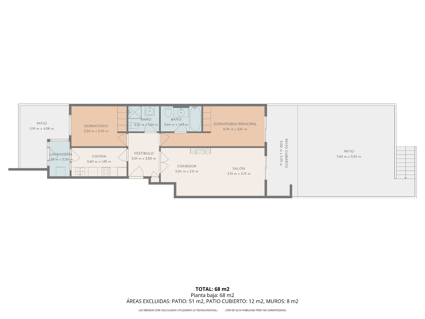 Gedetailleerde plattegrond van het gelijkvloers appartement van 68 m2 met twee slaapkamers, twee badkamers en ruime privéterrassen.