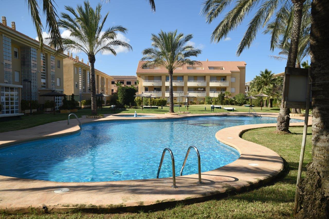 Groot niervormig gemeenschappelijk zwembad omgeven door een gazon en palmbomen in de residentie Golden Beach 2 in Jávea.