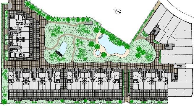 Situatieplan van het wooncomplex met de indeling van de gebouwen, de centrale tuinen en de gemeenschappelijke zwembaden.