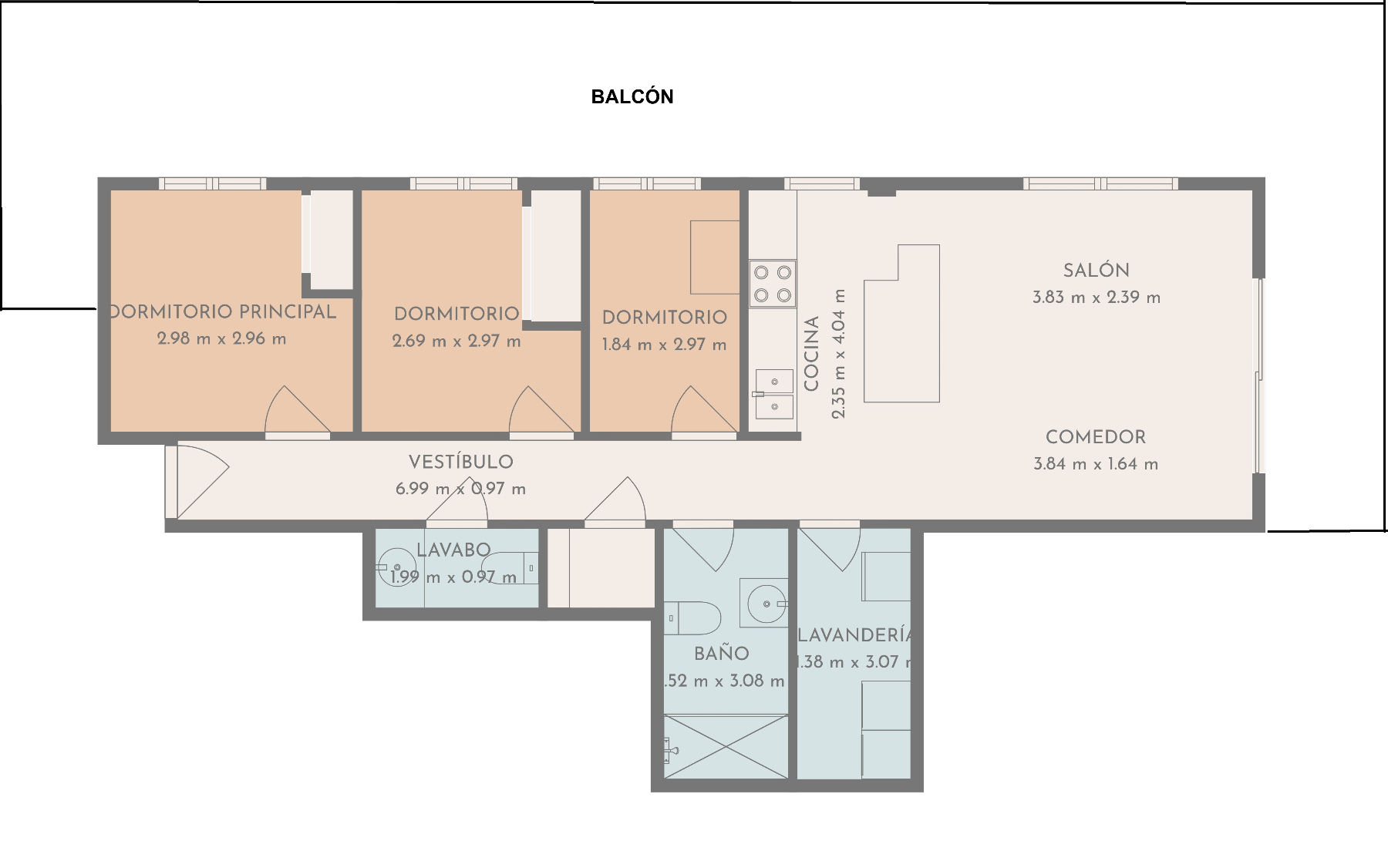 Gedetailleerde plattegrond van de woning van 84 m² met de indeling van drie slaapkamers, een open woon-eetkamer met keuken en een ruim balkon rondom.