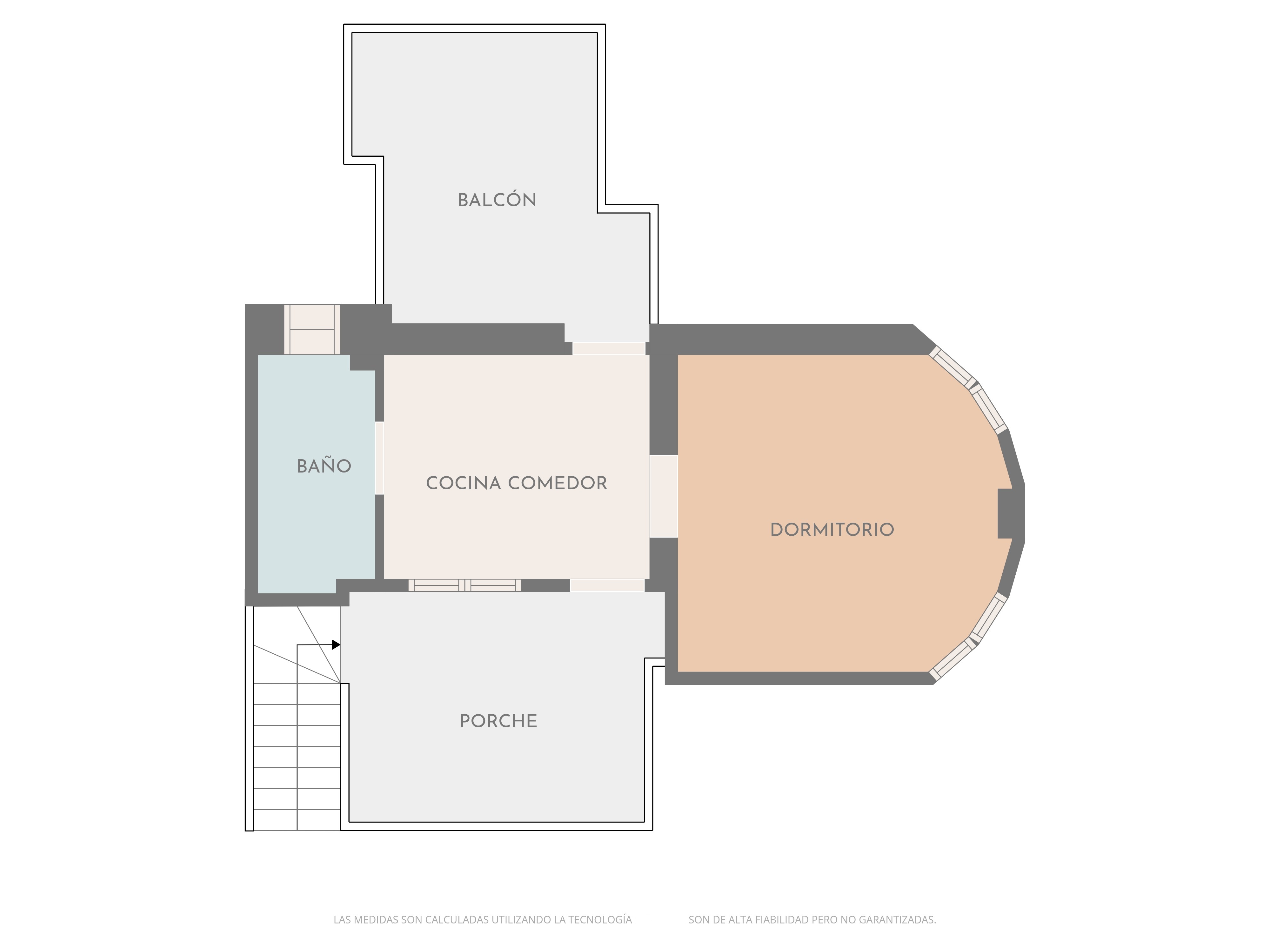 Gedetailleerde plattegrond met de indeling van de woonkeuken, een slaapkamer met gebogen wand, badkamer, veranda en balkon.