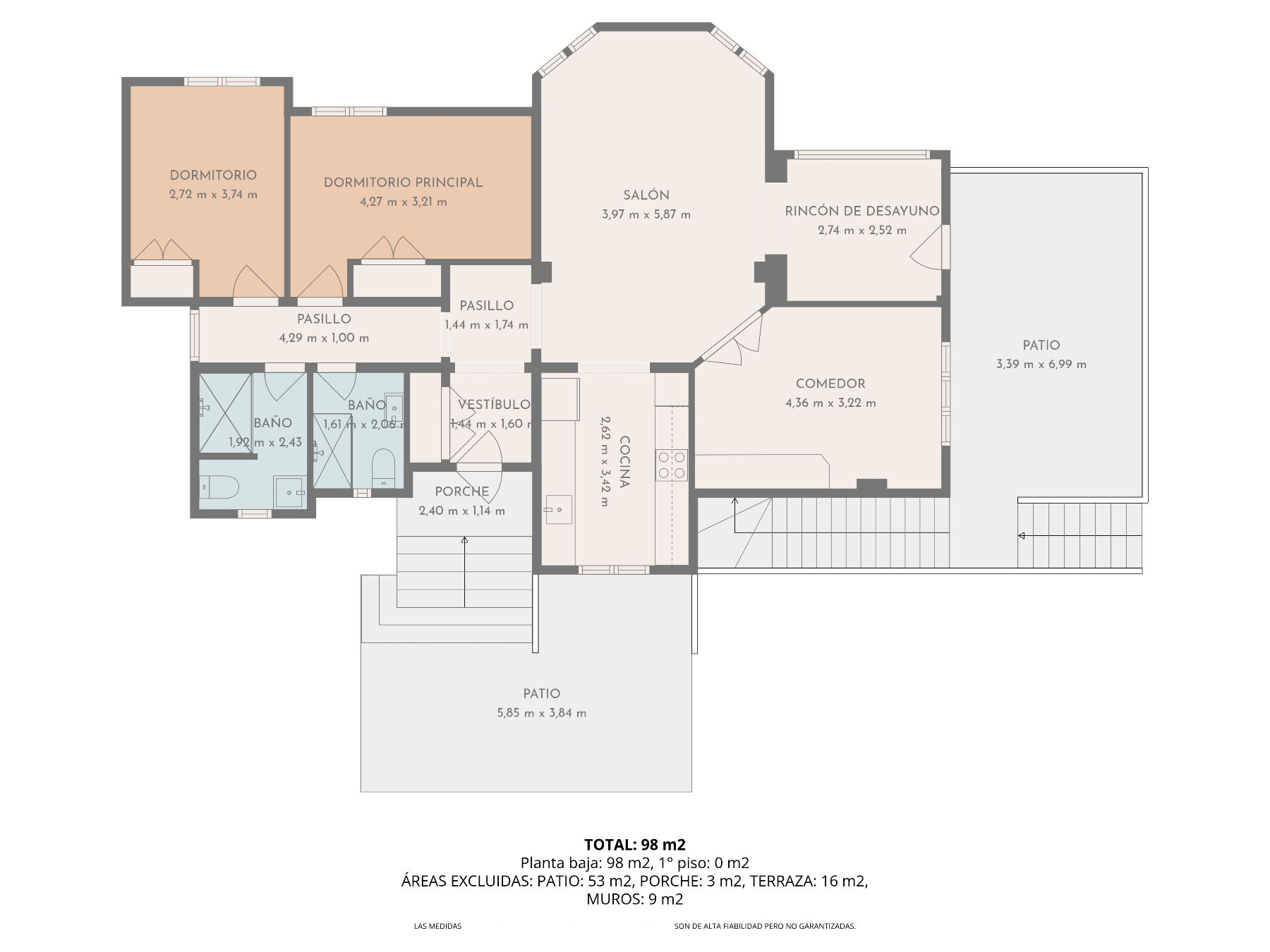 Gedetailleerde plattegrond van de begane grond van 98 m², die de indeling van de woonkamer, keuken en slaapkamers met nauwkeurige afmetingen weergeeft.