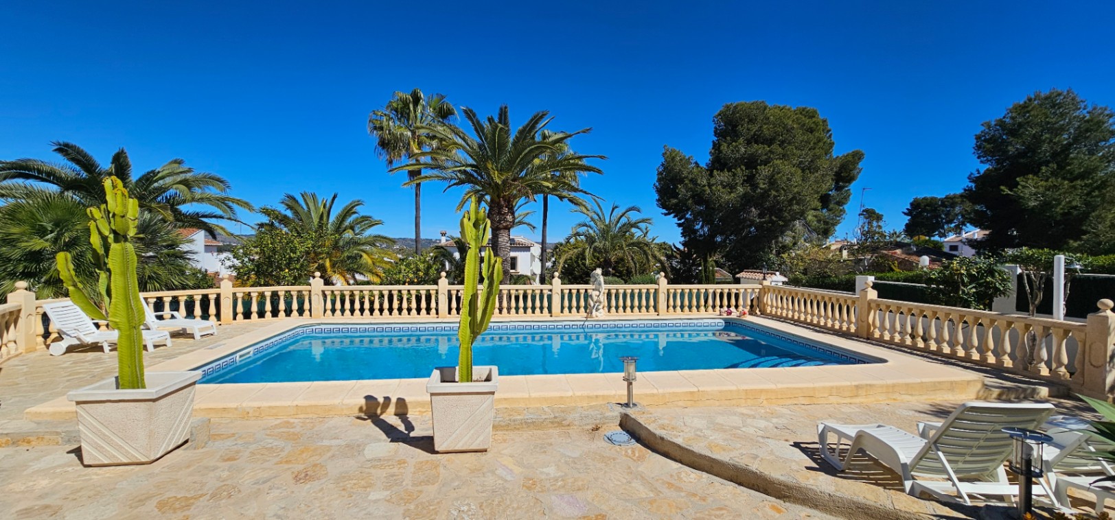 Rechthoekig zwembad met Romeinse trap en decoratieve rand, omgeven door een natuurstenen terras met klassieke balustrade en palmbomen.
