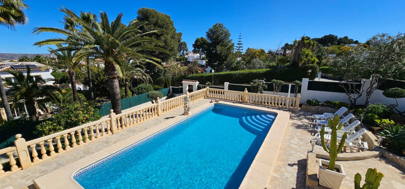 Rechthoekig zwembad met Romeinse trap, omgeven door een stenen terras met klassieke balustrade en een mediterrane tuin met volwassen palmen.