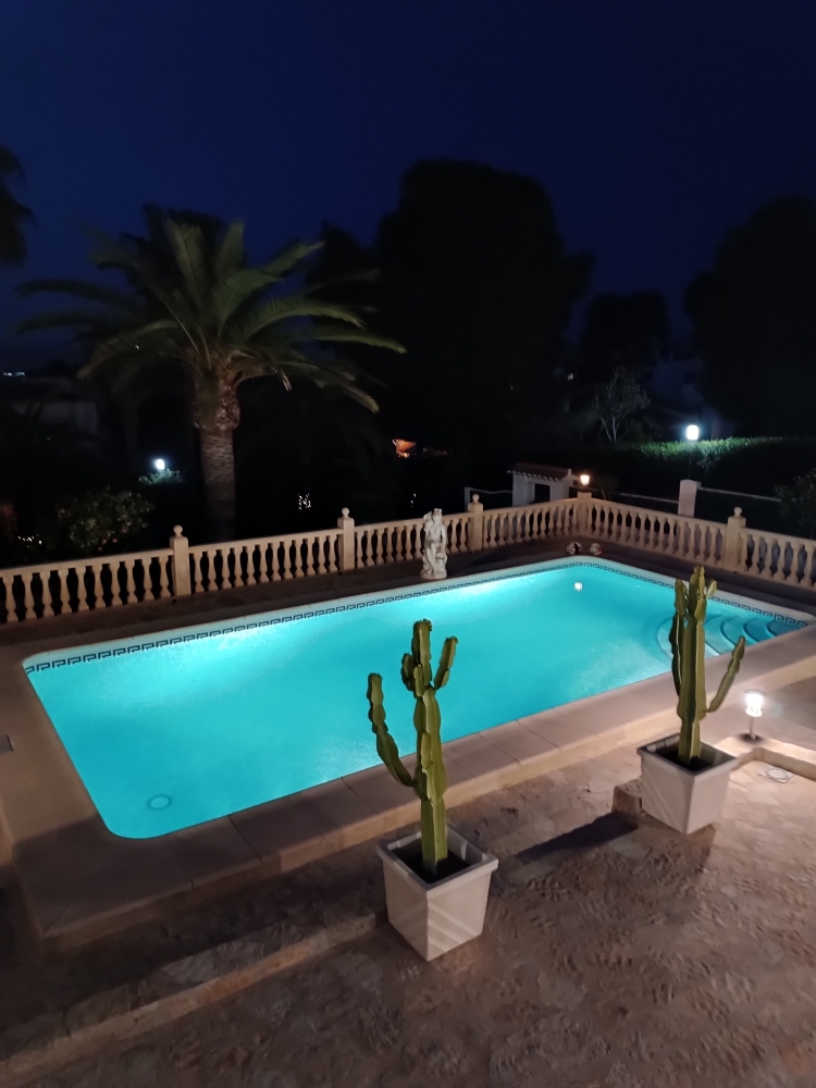 Verlicht turquoise zwembad bij nacht, omgeven door een natuurstenen terras met klassieke balustrade, decoratieve cactussen en een sfeervolle palmenachtergrond.