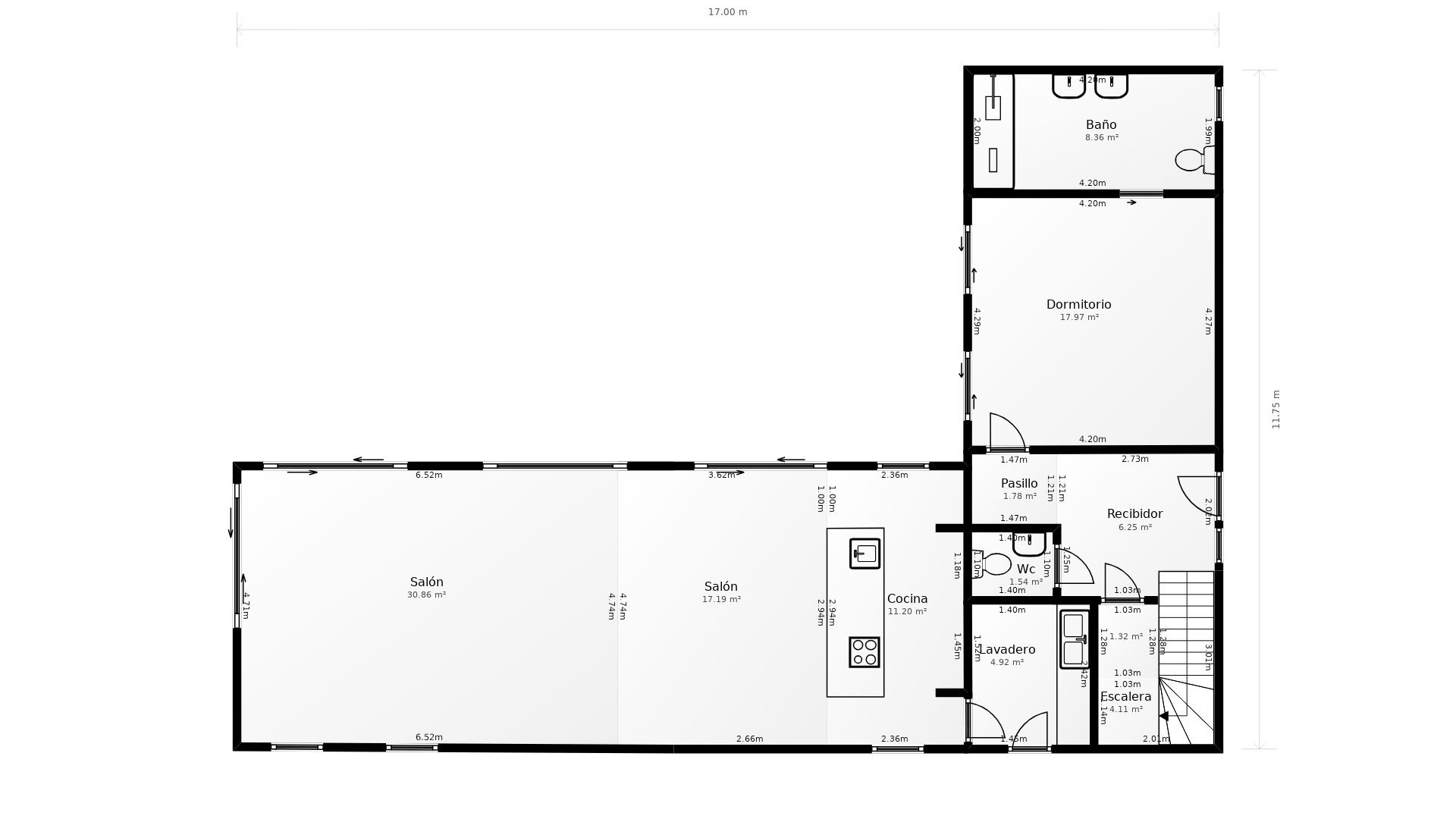 Gedetailleerde plattegrond van de begane grond met de indeling van de woon-eetkamer, keuken met kookeiland, hoofdslaapkamer met en-suite badkamer en praktische wasruimte.