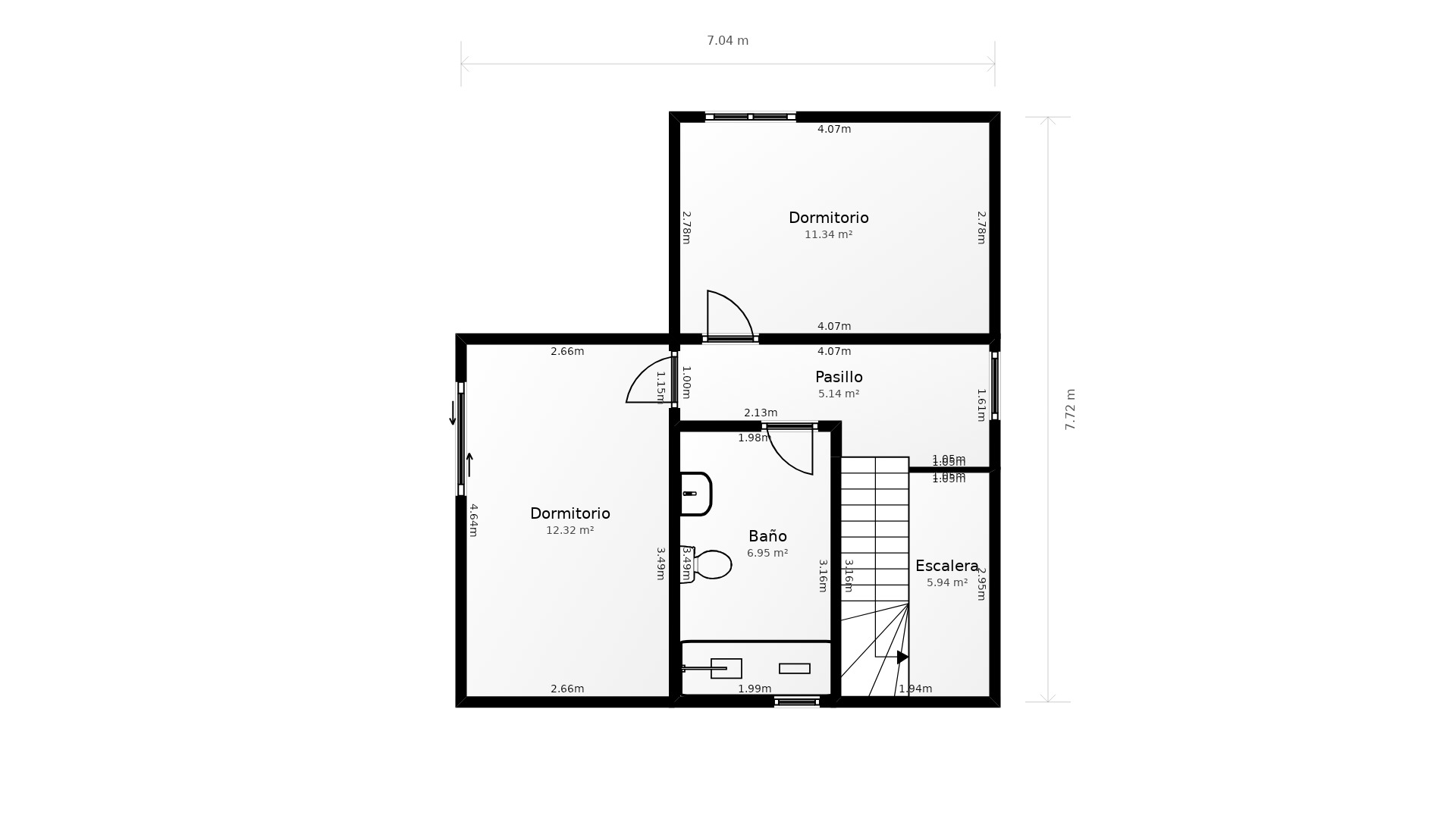 Gedetailleerde plattegrond van de bovenverdieping met twee slaapkamers, een badkamer, overloop en trappenhuis voorzien van exacte afmetingen.