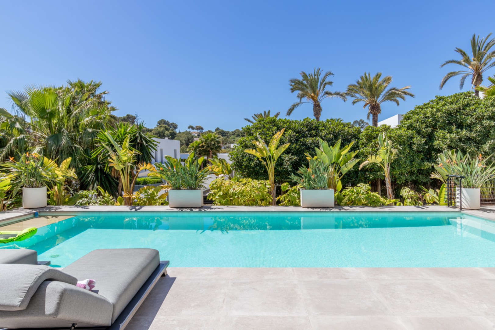 Rechthoekig zwembad met een licht stenen terras, omgeven door volwassen mediterrane beplanting en palmbomen die volledige privacy bieden.