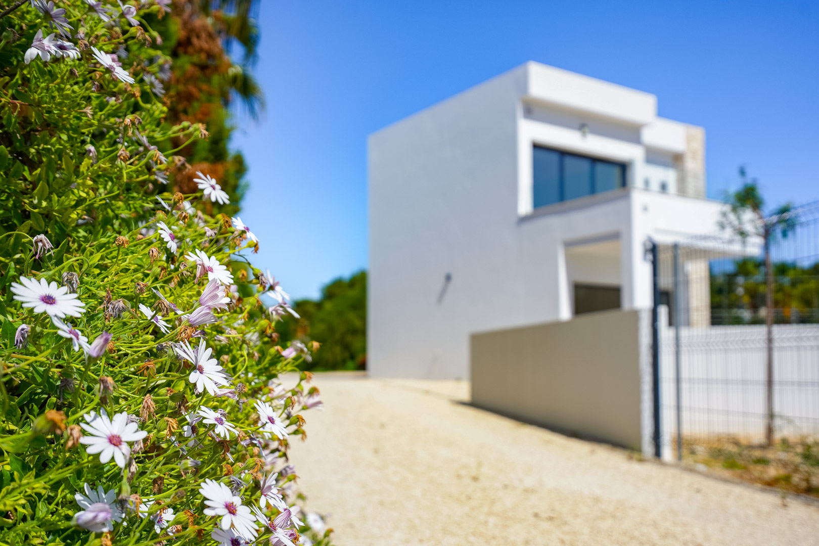 Exterieurzicht vanuit de tuin met bloemen op de voorgrond en een grindpad dat leidt naar de moderne witte villa met twee verdiepingen.