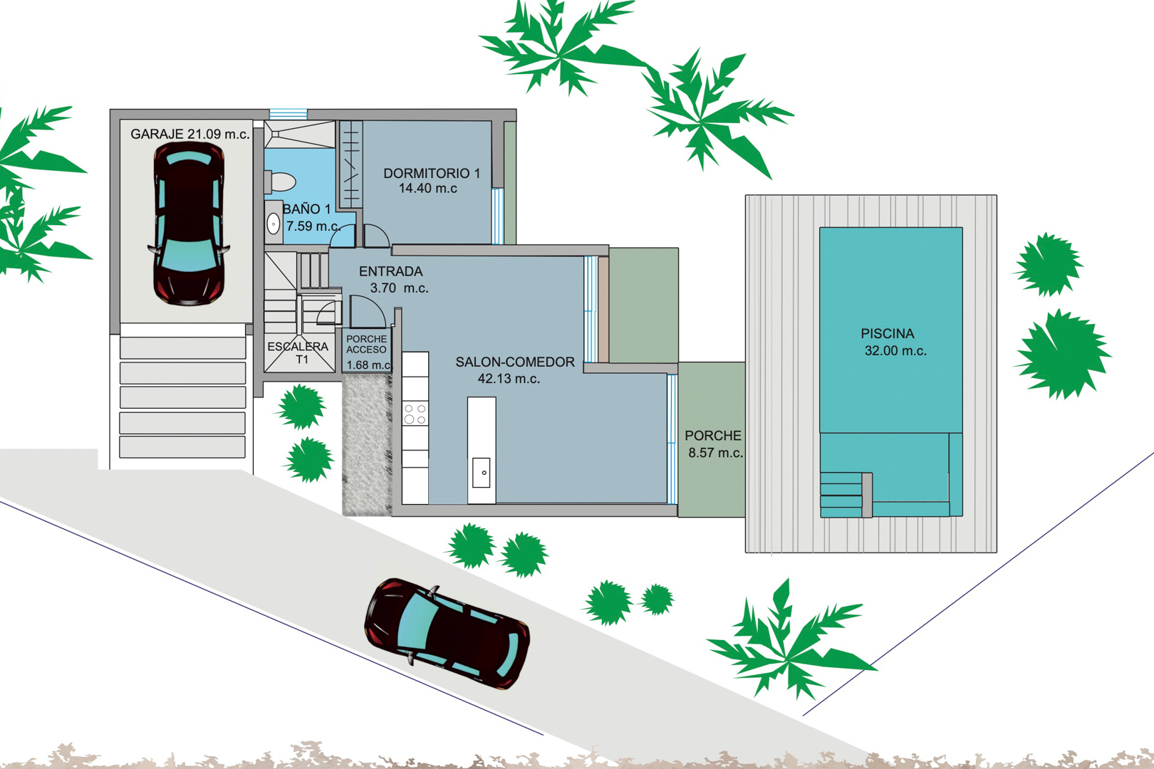 Gedetailleerde plattegrond van de begane grond met de open woon-eetkamer, een slaapkamer, garage en het terras met een zwembad van 32 m2.
