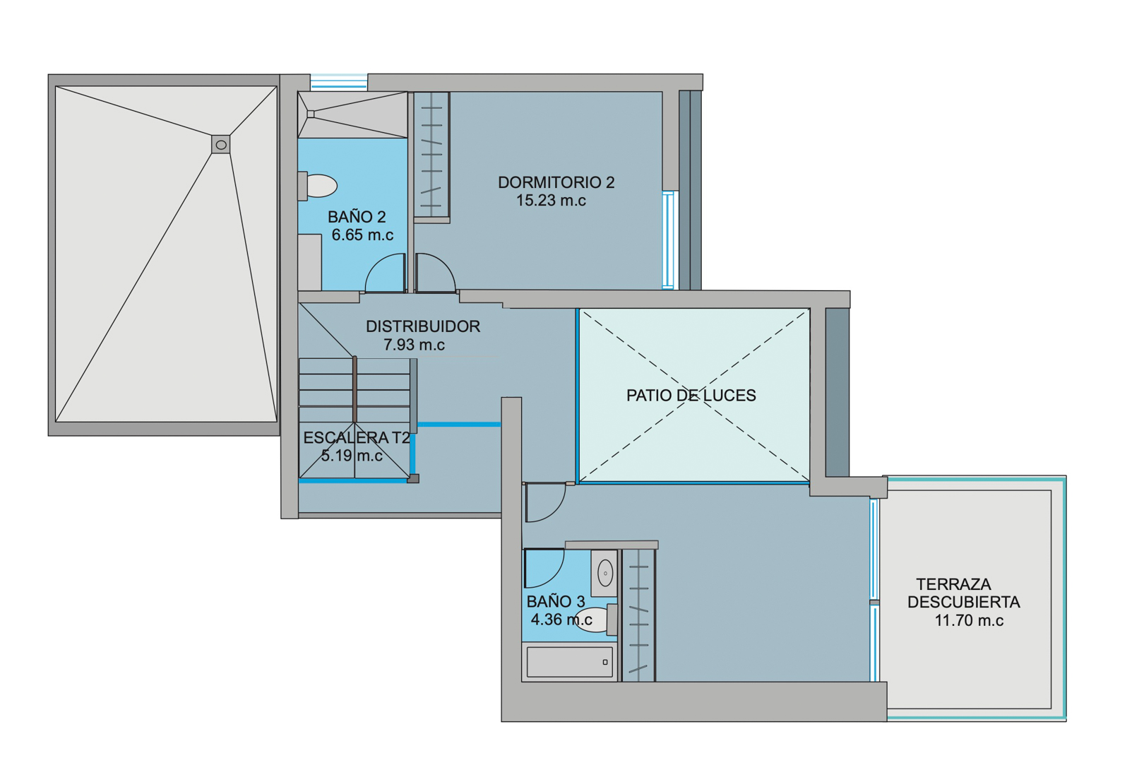 Gedetailleerde plattegrond van de bovenverdieping met de tweede slaapkamer, twee badkamers, een hal en een open terras van 11,70 m².