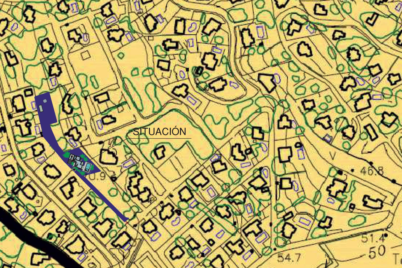 Kadastraal situatieplan met de exacte locatie van de woning en het uitgestrekte perceel van 1.715 m2 in een rustige, gevestigde woonwijk.