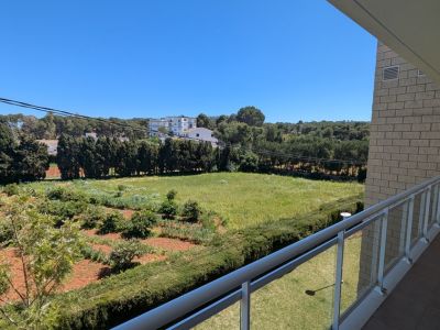 Uitzicht vanaf het privéterras met moderne glazen en metalen balustrade, over uitgestrekte groene velden, bomen en verre gebouwen onder een heldere blauwe lucht.