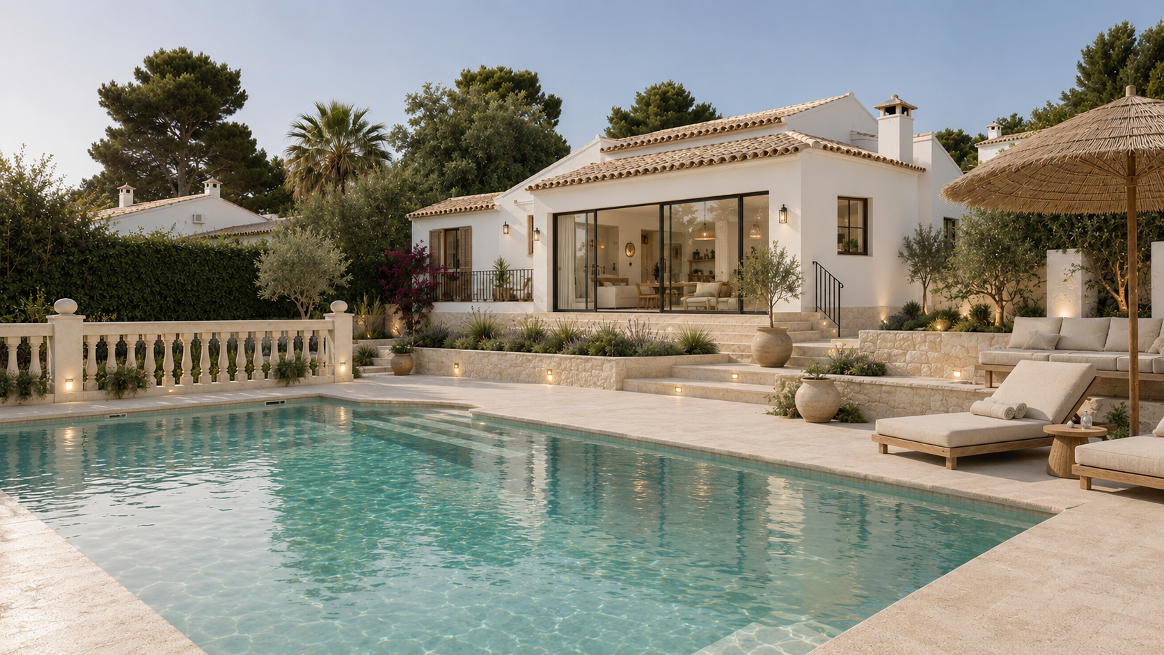 Exterieur van een mediterrane villa met zwembad, travertijn terras, natuurstenen muren en tuin met olijfbomen en lavendel bij de witte gevel.