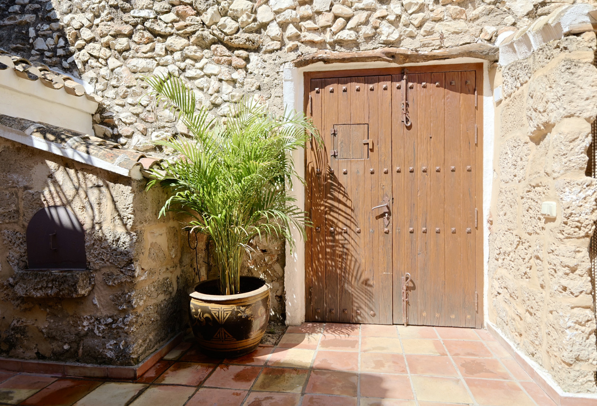 Rustieke ingang met houten deur met noppen en stenen muur, naast een potplant.