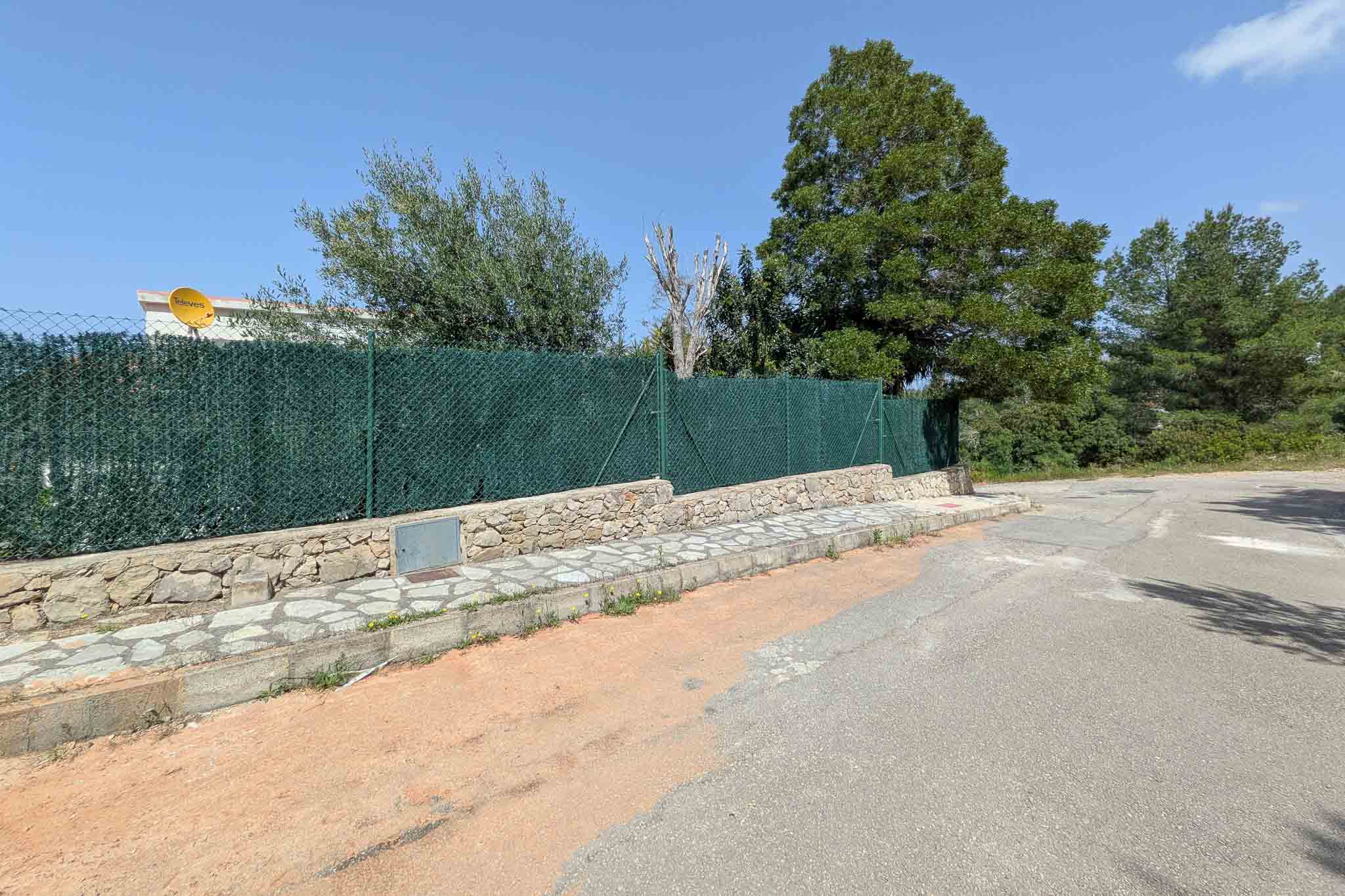 Buitenzijde met natuurstenen muur, groen privacyhekwerk en een geplaveid trottoir in een rustige woonstraat.