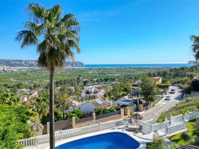 Panoramisch uitzicht vanaf het zwembad met palmboom richting Jávea en de Middellandse Zee.