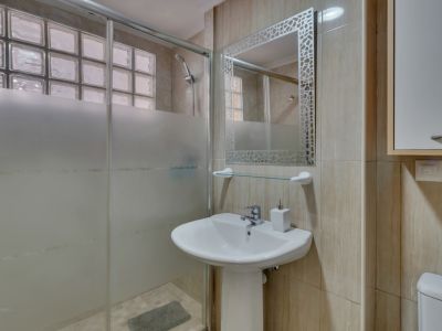 Badkamerdetail met glazen bouwstenen douche en wastafel op voetstuk.