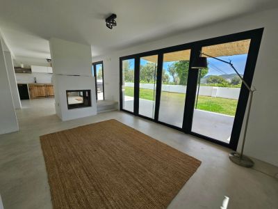 Lichte woonkamer met moderne open haard, jute vloerkleed en directe toegang tot de tuin.