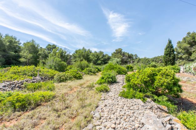 Uitzicht op het perceel met inheemse vegetatie en stenen muren in Jávea.