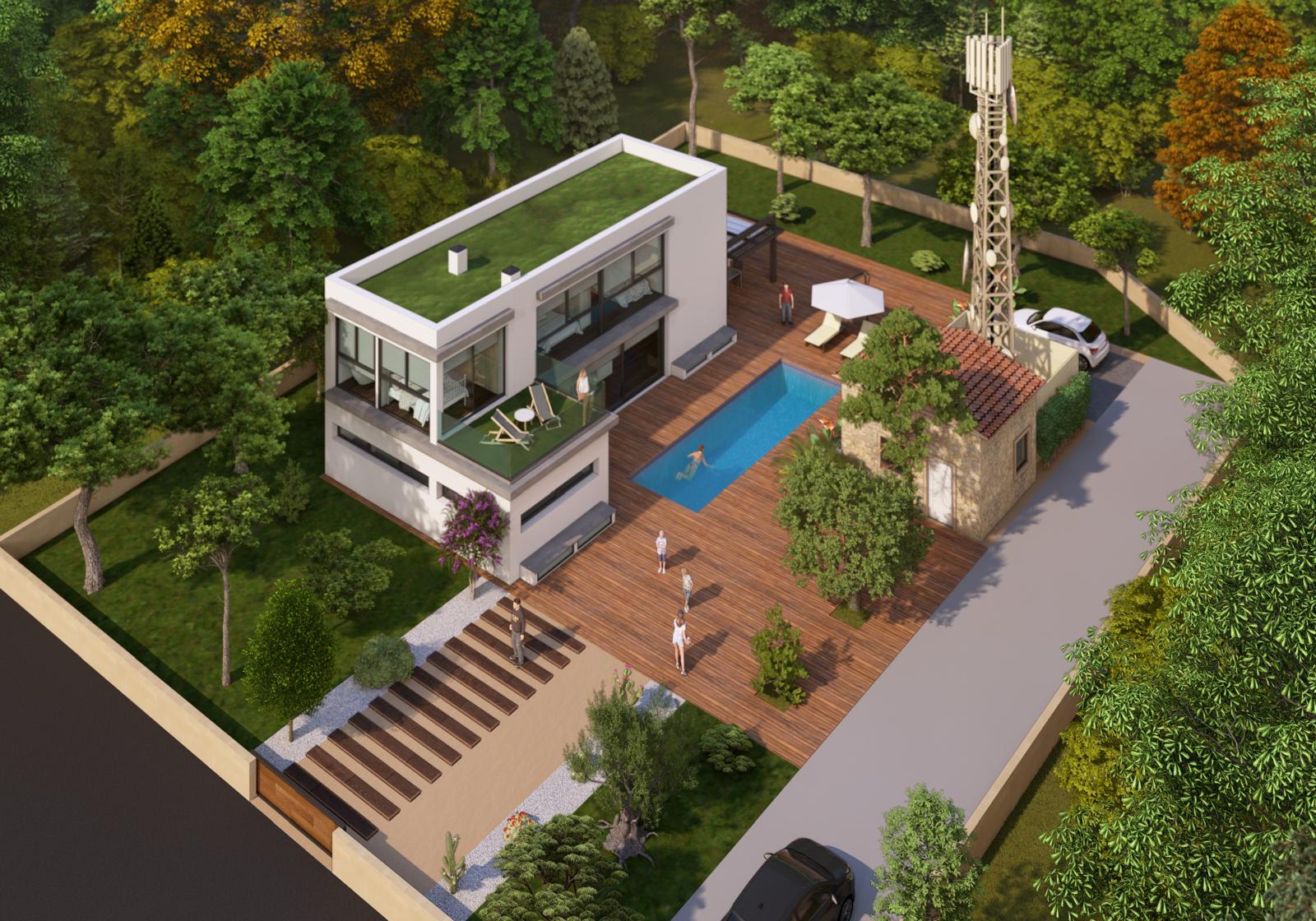 Luchtfoto van het perceel met modern huis, zwembad en telecommunicatietoren.