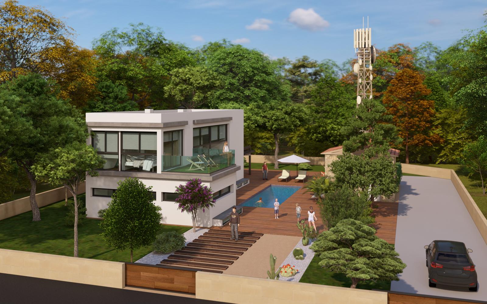 Visualisatie van een modern huis met twee verdiepingen, een zwembad en een weelderige tuin.