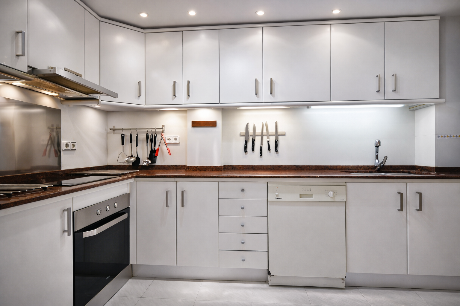 Functionele keuken met granieten aanrechtblad en witte kasten. Inbouwverlichting en geïntegreerde apparatuur.