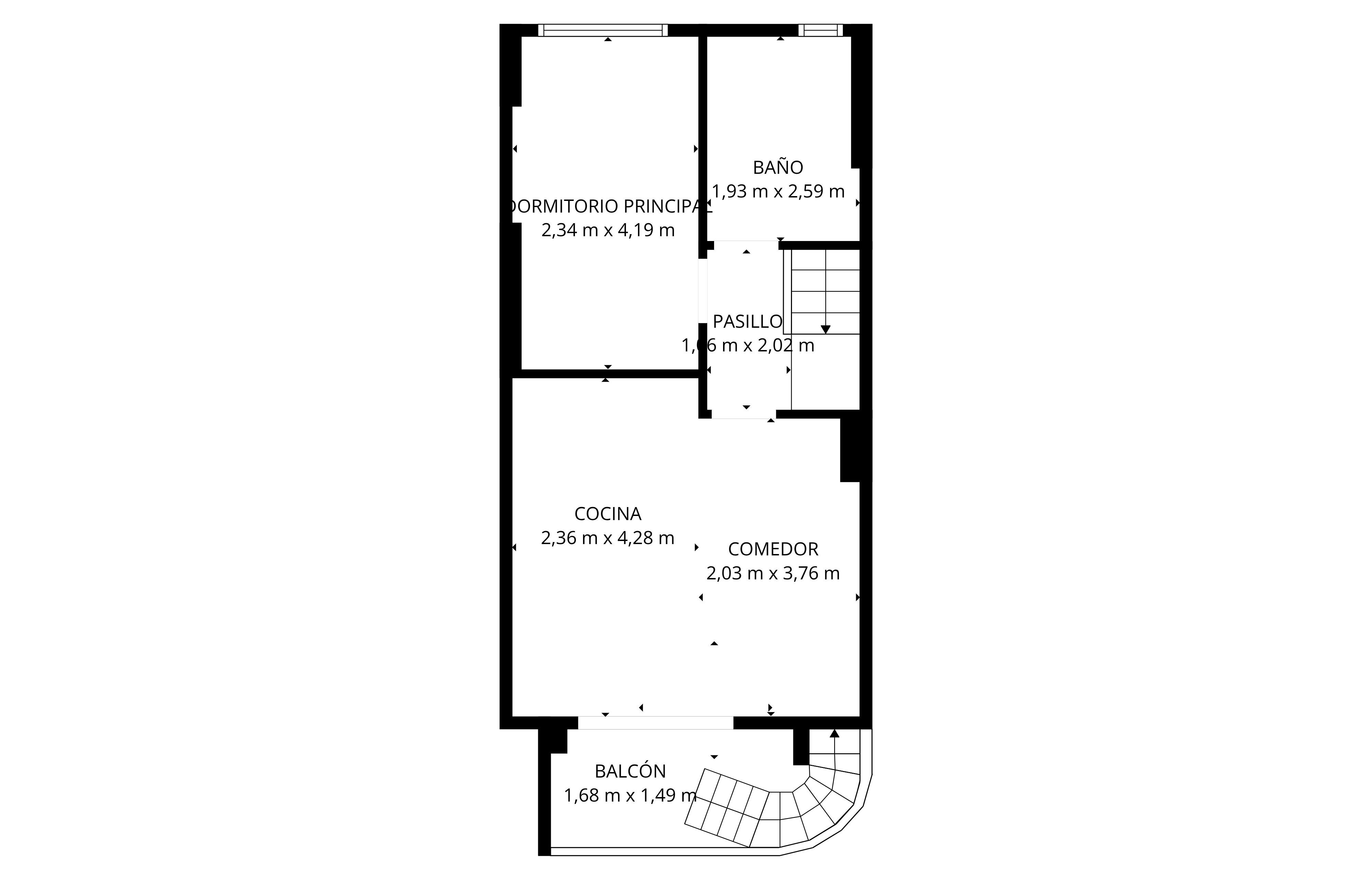 Gedetailleerde architectonische plattegrond die de indeling toont van een appartement met twee verdiepingen en een balkon.