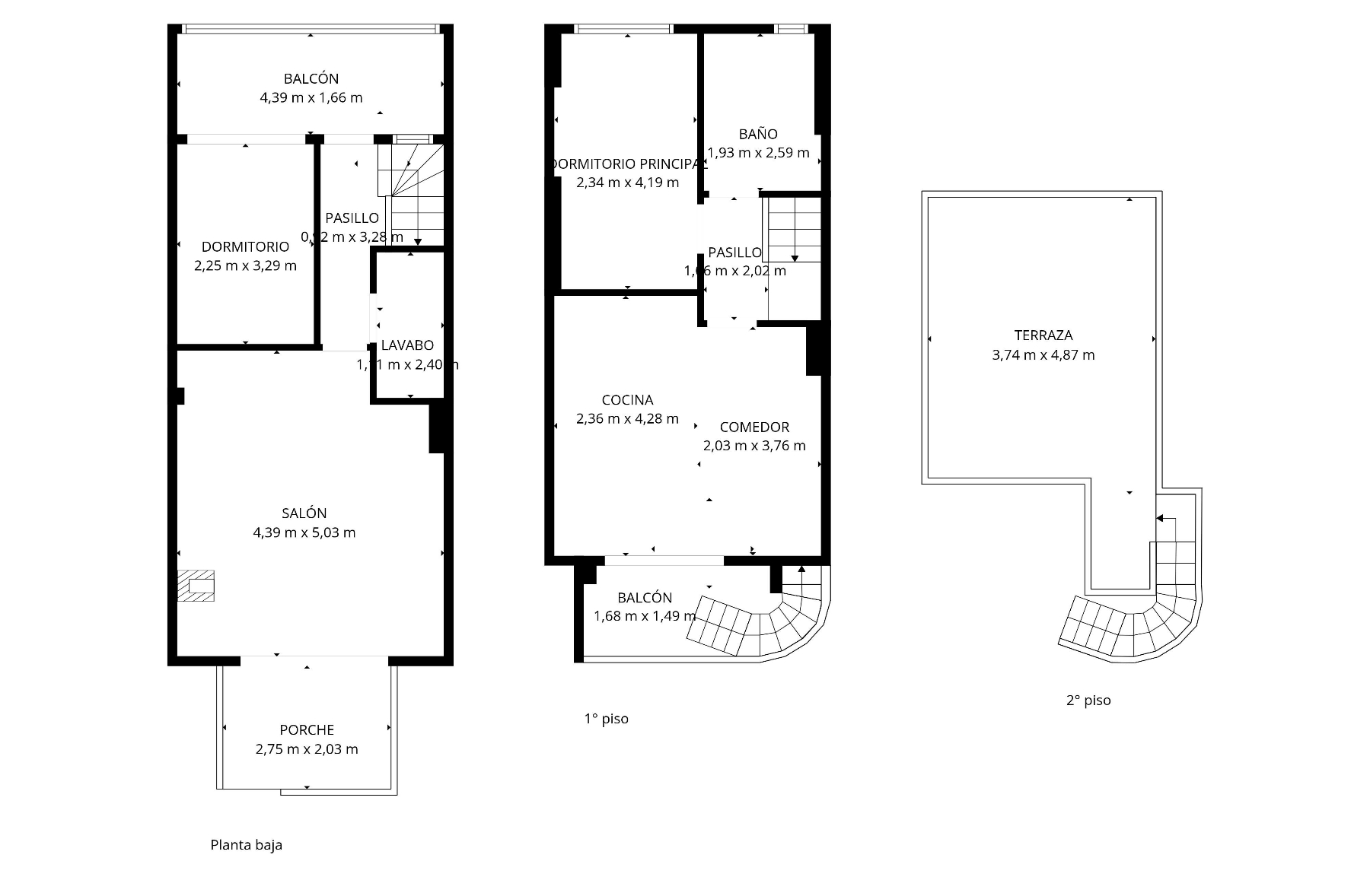 Gedetailleerde plattegrond van een herenhuis met twee verdiepingen en een dakterras.