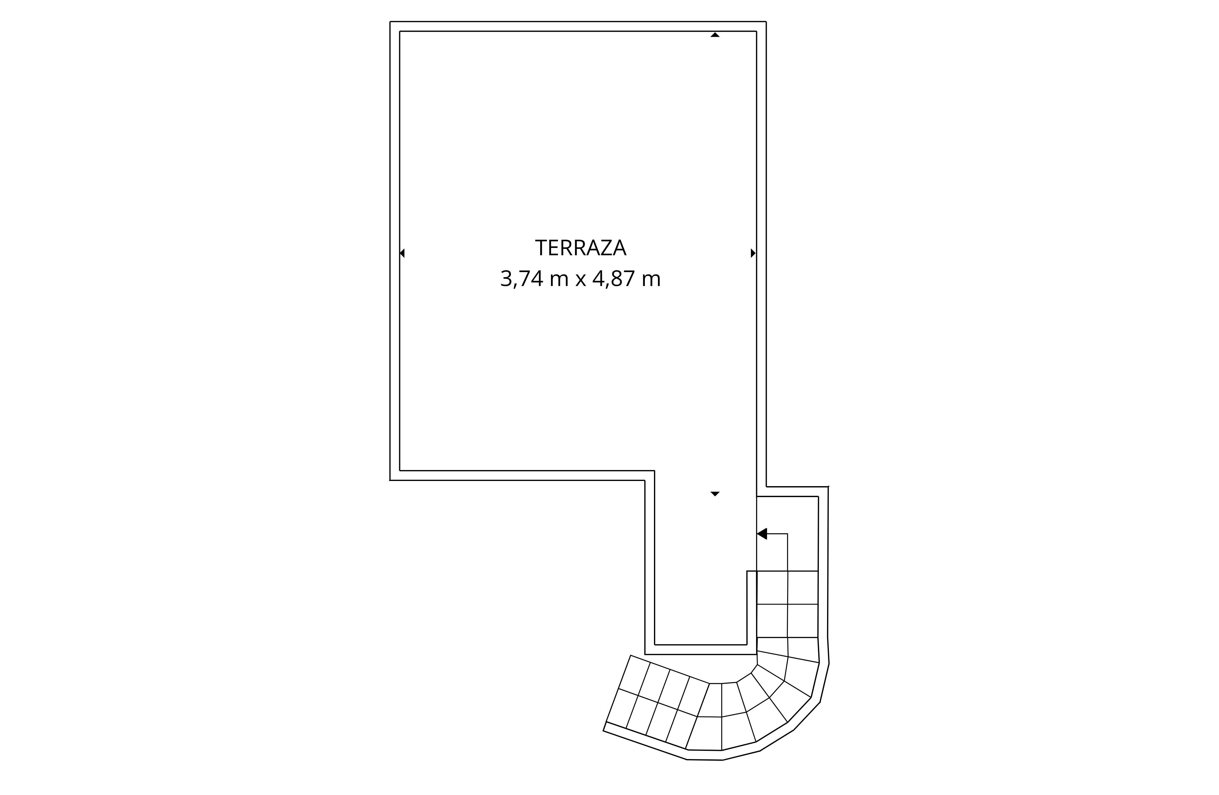Technische plattegrond van het terras van 3,74m x 4,87m met toegang via een trap.