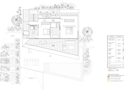 Gedetailleerde architectonische plattegrond van de villa, die de indeling van de vier niveaus illustreert. Het toont slaapkamers, badkamers, woonkamer, keuken, ruime terrassen, buitenzwembad en het perceel met oppervlaktes.