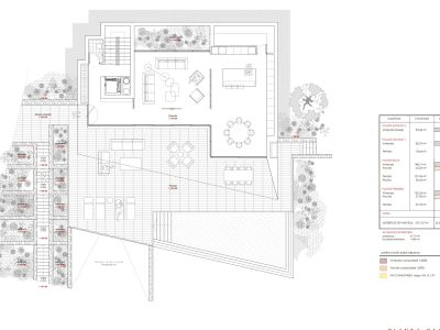 Gedetailleerde architectuurplattegrond van de begane grond met open woon-eetkamer, keuken, ruime buitenterrassen en privézwembad.