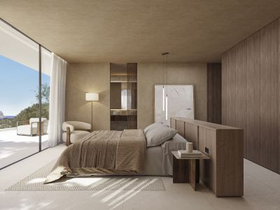 Hoofdslaapkamer met kamerhoge ramen, panoramisch uitzicht op zee en directe toegang tot het terras. Neutrale tinten, gestructureerde muren en donkere houten panelen kenmerken de ruimte.