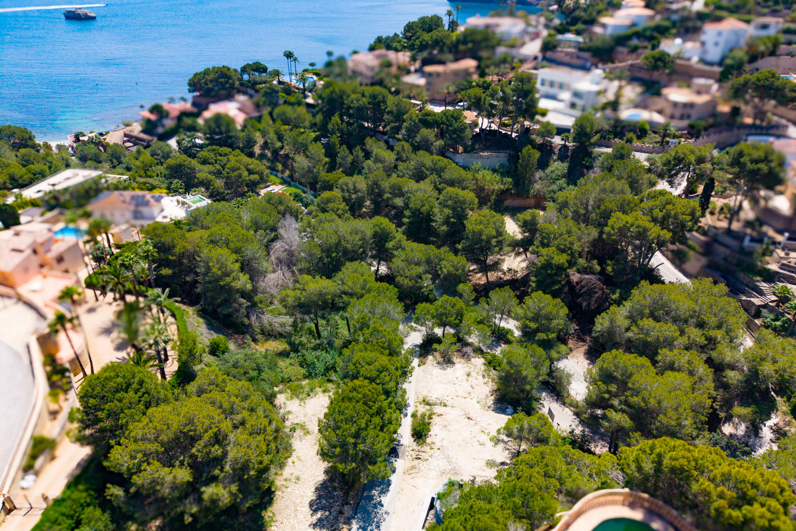 Luchtfoto van bebost perceel in Jávea met directe toegang tot de kust, ideaal voor commerciële ontwikkeling.