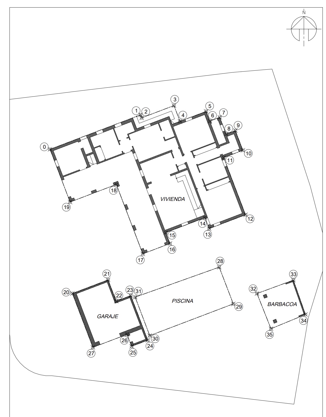 Architectonische plattegrond van de villa, met de indeling van het huis, het zwembad, de garage en de barbecue.