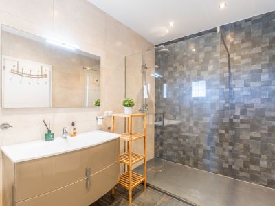 Moderne badkamer met glanzend beige wastafelmeubel, verlichte spiegel en inloopdouche met glazen wand en donkergrijze mozaïektegels. Lichte wandtegels, donkere vloer.