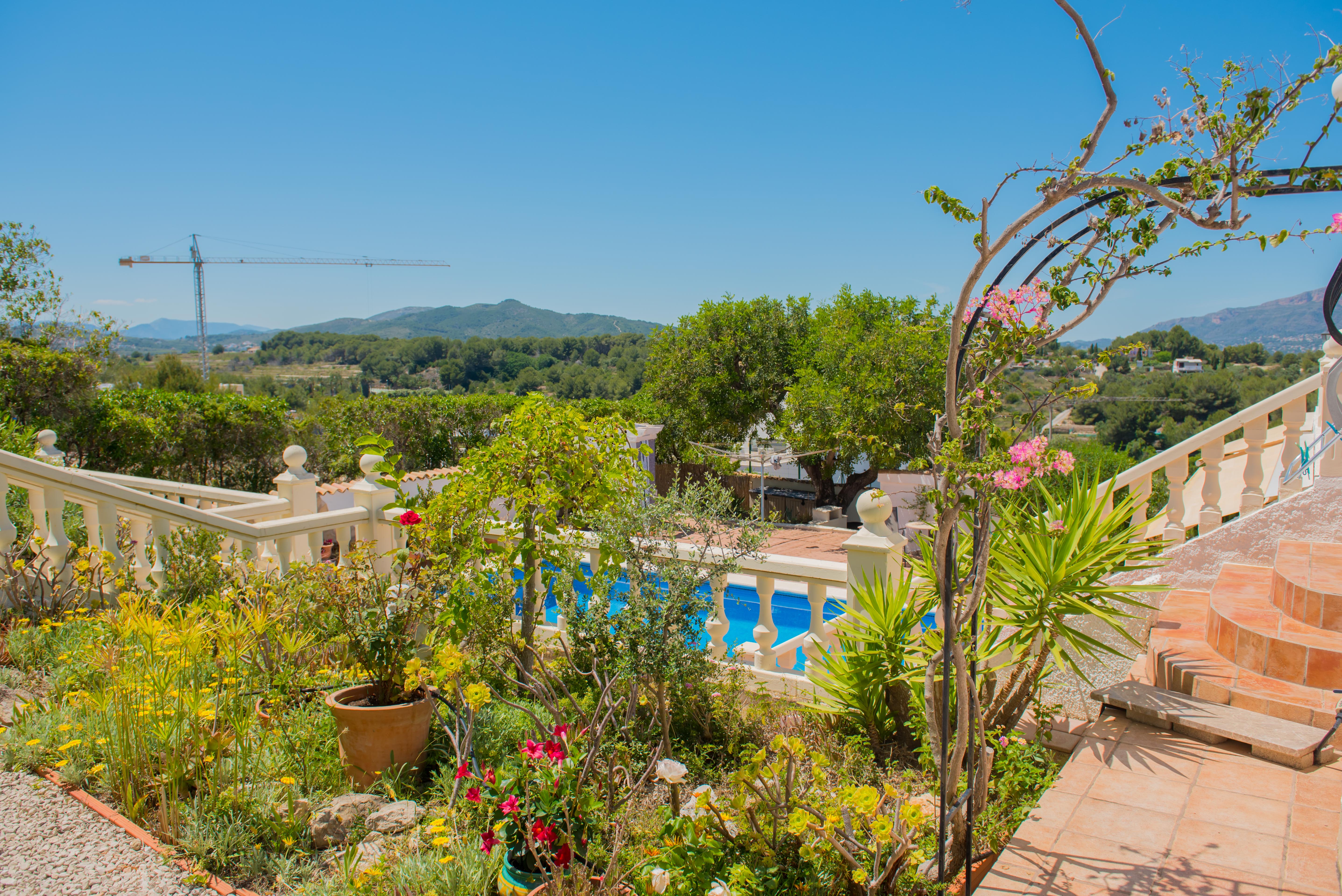 Mediterrane tuin met uitzicht op het zwembad en kalkstenen balustrade.